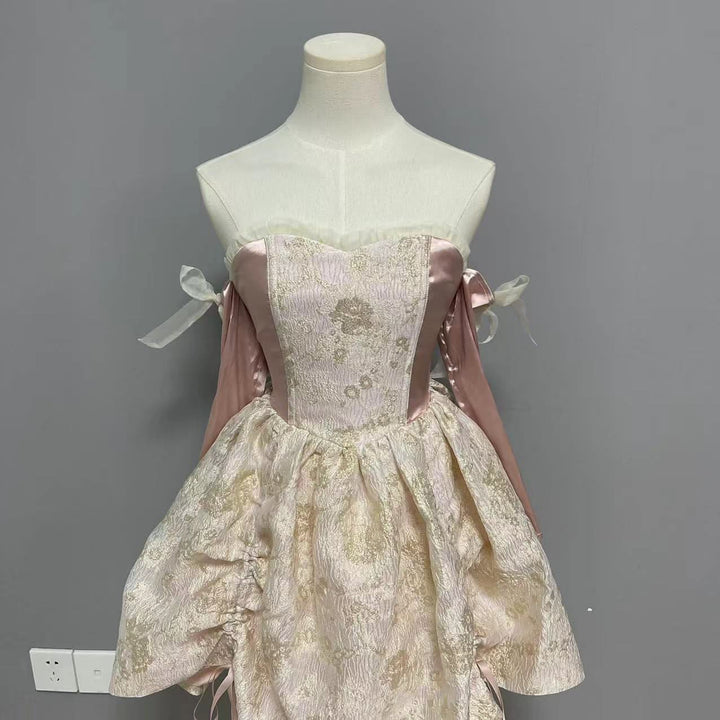 Sweetheart neck gloves drawstring ruffle lace up tube mini dress  | Festival Outfits Women