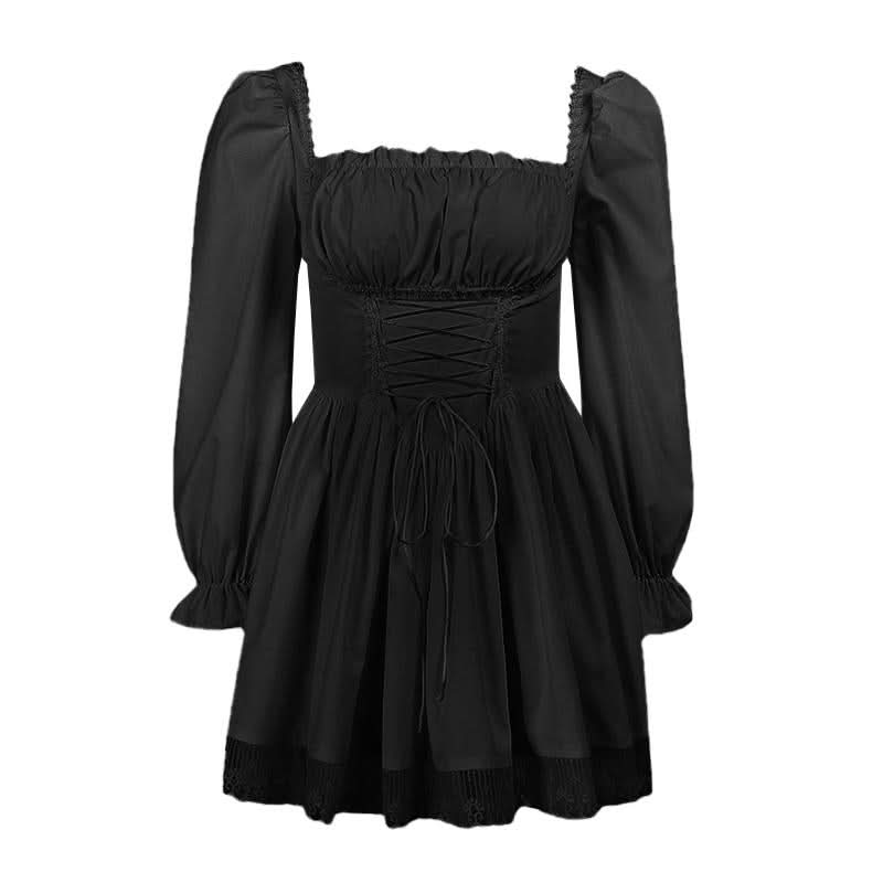 Long sleeve smocked lace up lace hem mini dress  | Festival Outfits Women