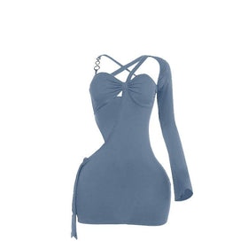 Irregular long sleeve hollow out o ring cut out mini dress  | Festival Outfits Women