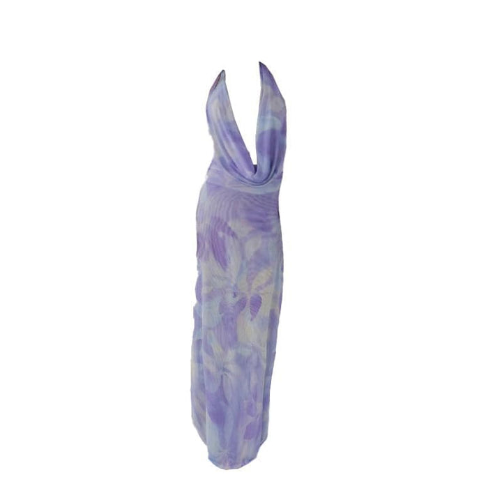 Halter cowl neck print ruched backless maxi skirt set-final-sale