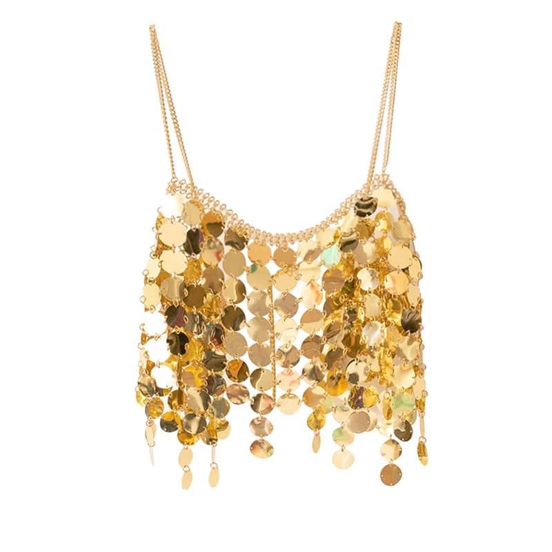 Metal chain glitter v neck hollow out cami cut out top  | Festival Outfits Women