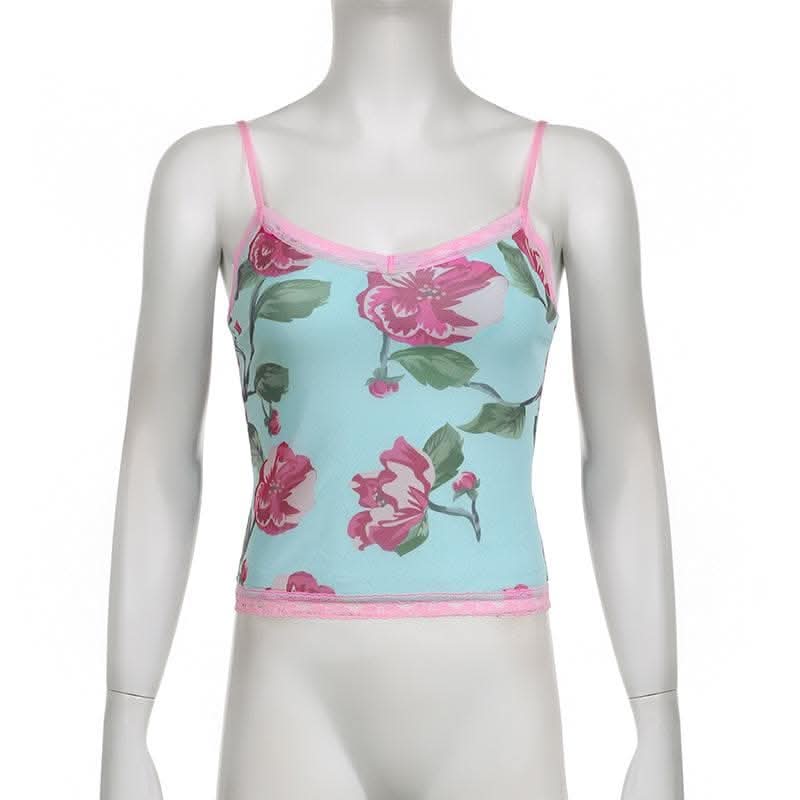 Lace hem flower print v neck contrast mesh top-final-sale  | Festival Outfits Women