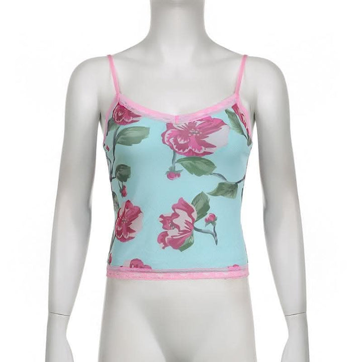Lace hem flower print v neck contrast mesh top-final-sale  | Festival Outfits Women