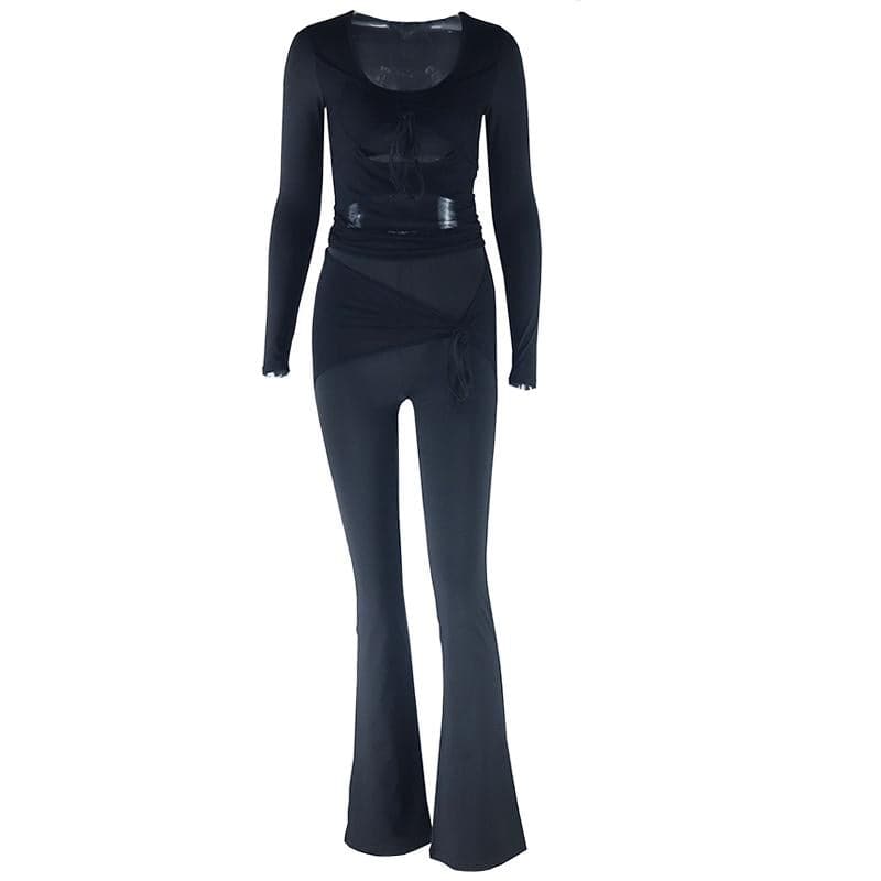 Long sleeve drawstring ruched patchwork jumpsuit  | Festival Outfits Women