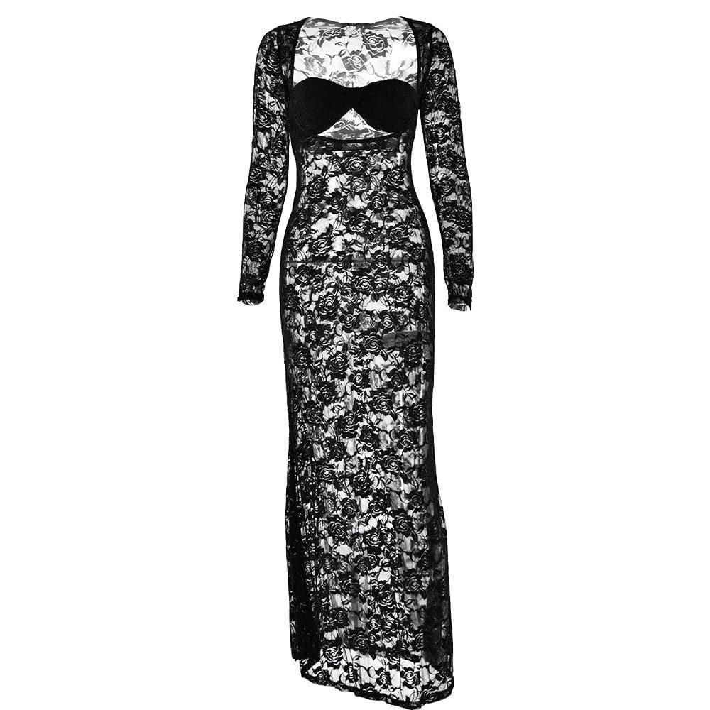 Long sleeve lace see through sweetheart neck maxi dress  | Festival Outfits Women