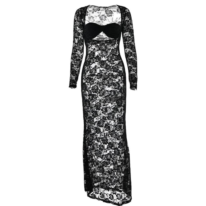 Long sleeve lace see through sweetheart neck maxi dress  | Festival Outfits Women