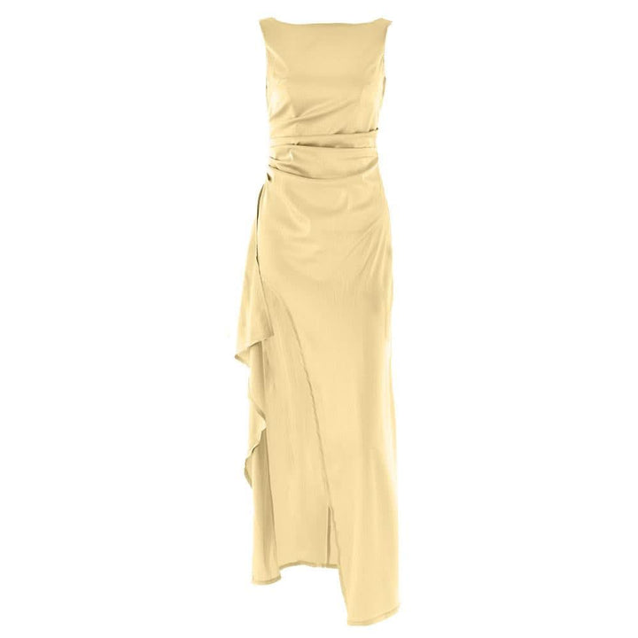 Ruched high slit satin round neck backless maxi dress  | Festival Outfits Women