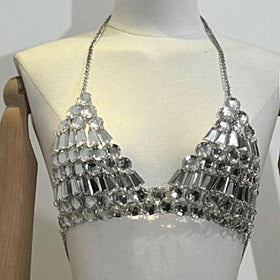 Halter metal chain beaded v neck top  | Festival Outfits Women