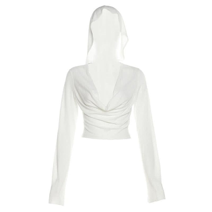 Long sleeve hoodie cowl neck solid crop top  | Festival Outfits Women