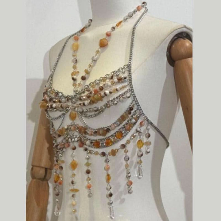 Hollow out halter metal chain beaded cut out top  | Festival Outfits Women