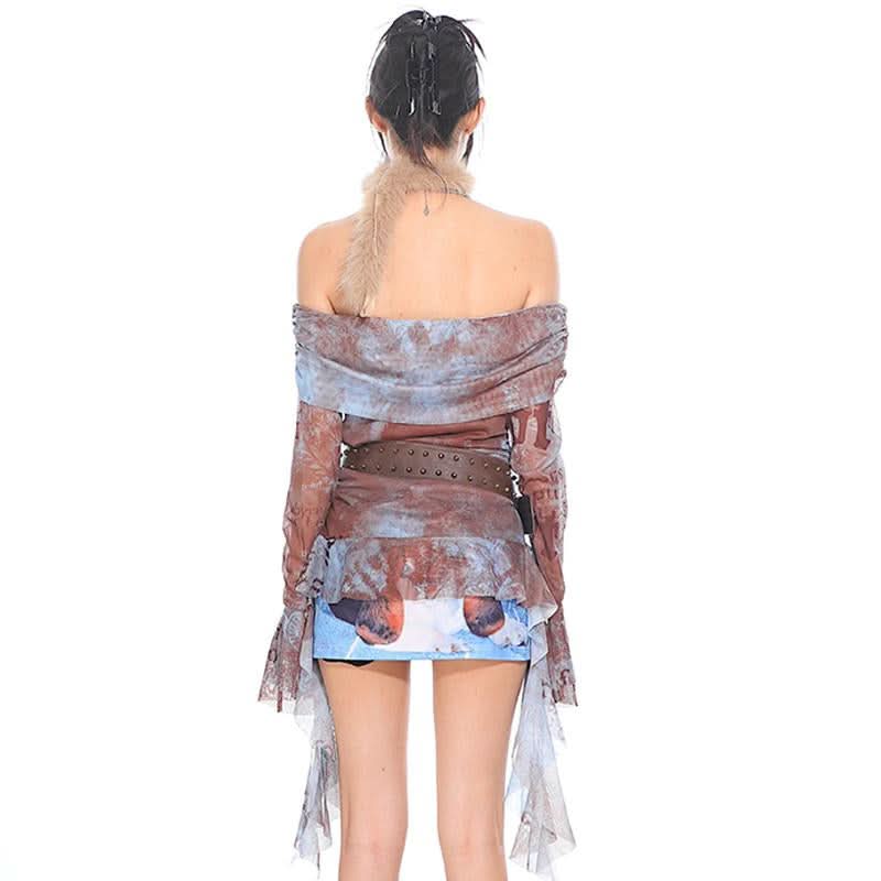 Long sleeve mesh print off shoulder ruched top  | Festival Outfits Women