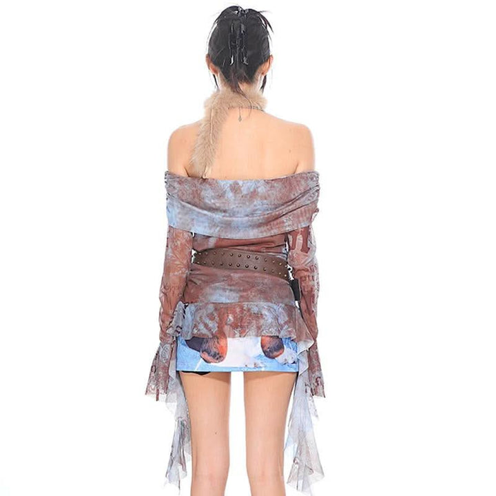 Long sleeve mesh print off shoulder ruched top  | Festival Outfits Women