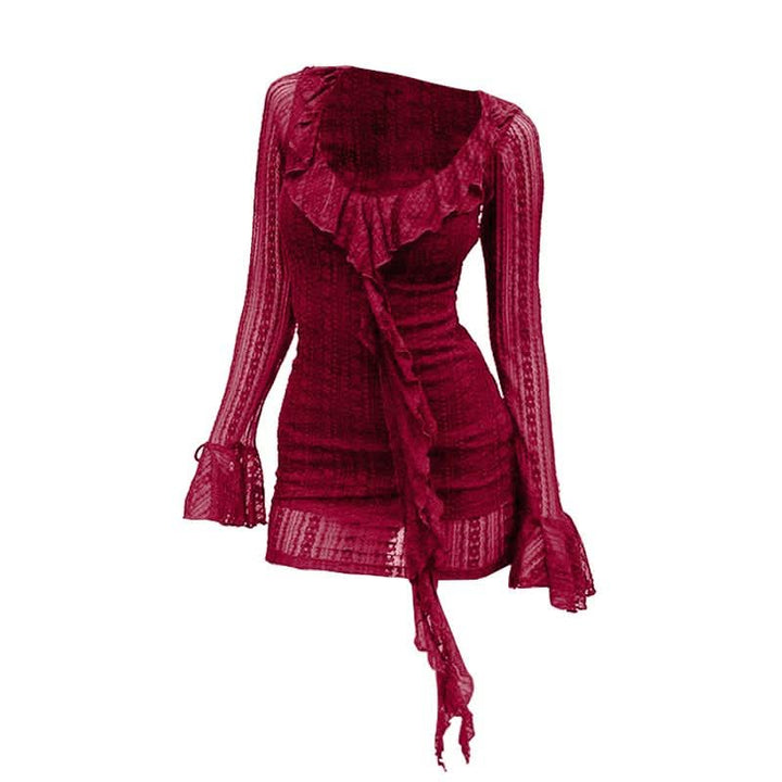 Long flared sleeve u neck lace ruffle mini dress-final-sale