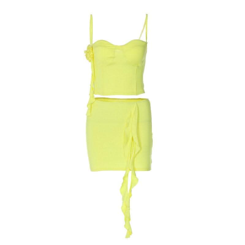 Flower applique solid ruffle ribbon cami mini skirt set-final-sale  | Festival Outfits Women