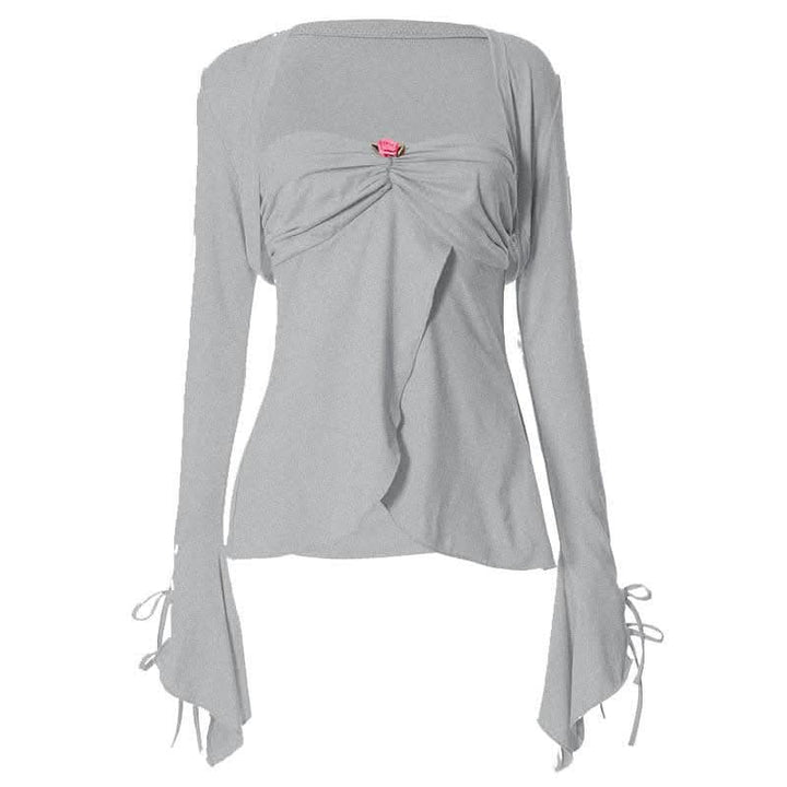 Long sleeve self tie ruched flower applique ruffle solid mini skirt set-final-sale  | Festival Outfits Women