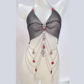 Metal chain o ring v neck beaded skull applique top  | Festival Outfits Women