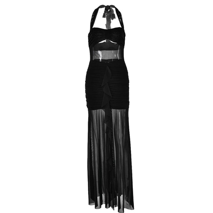 Halter patchwork mesh ruched ruffle maxi dress  | Festival Outfits Women