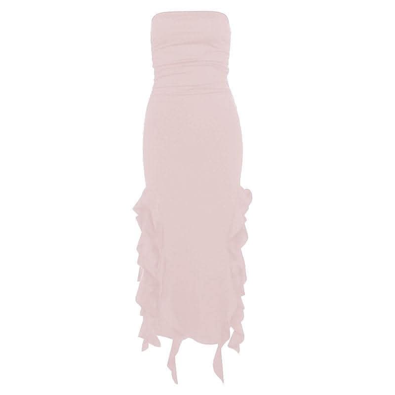 Solid slit irregular ruffle ribbon backless tube midi dress - Final Sale