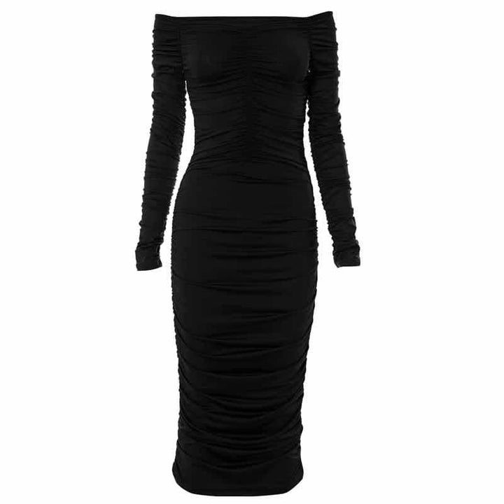 Off shoulder long sleeve ruched solid midi dress-final-sale  | Festival Outfits Women