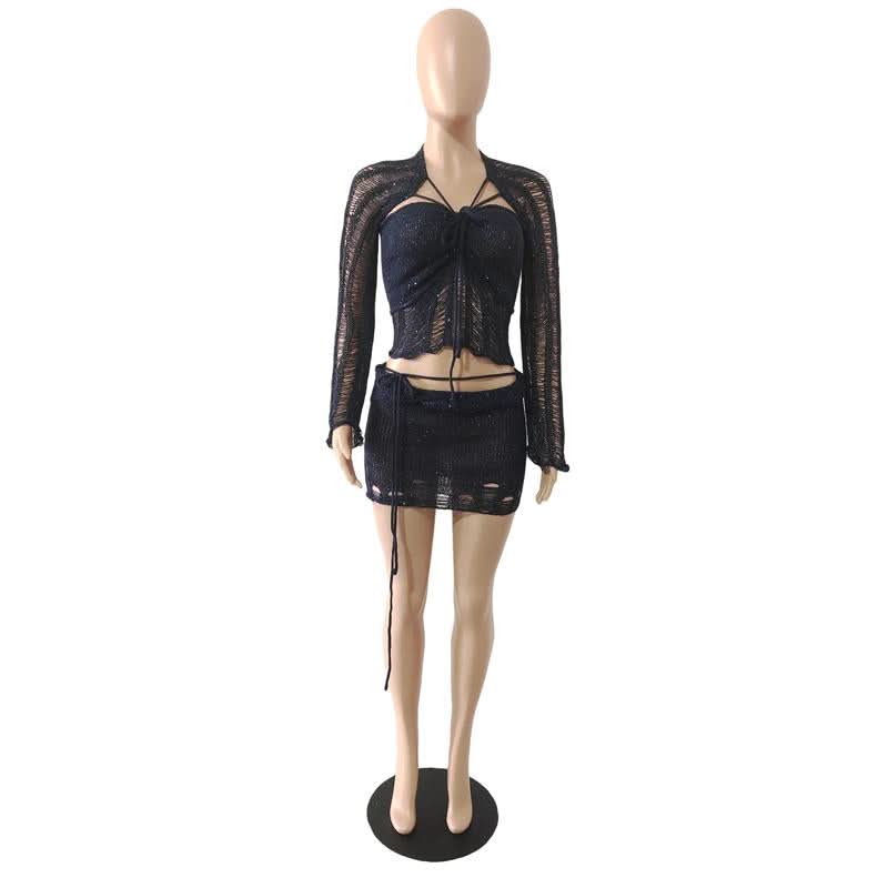 Glitter knitted long sleeve hollow out 3 piece mini skirt set  | Festival Outfits Women