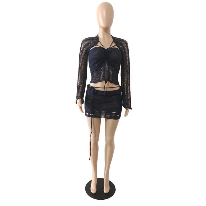 Glitter knitted long sleeve hollow out 3 piece mini skirt set  | Festival Outfits Women