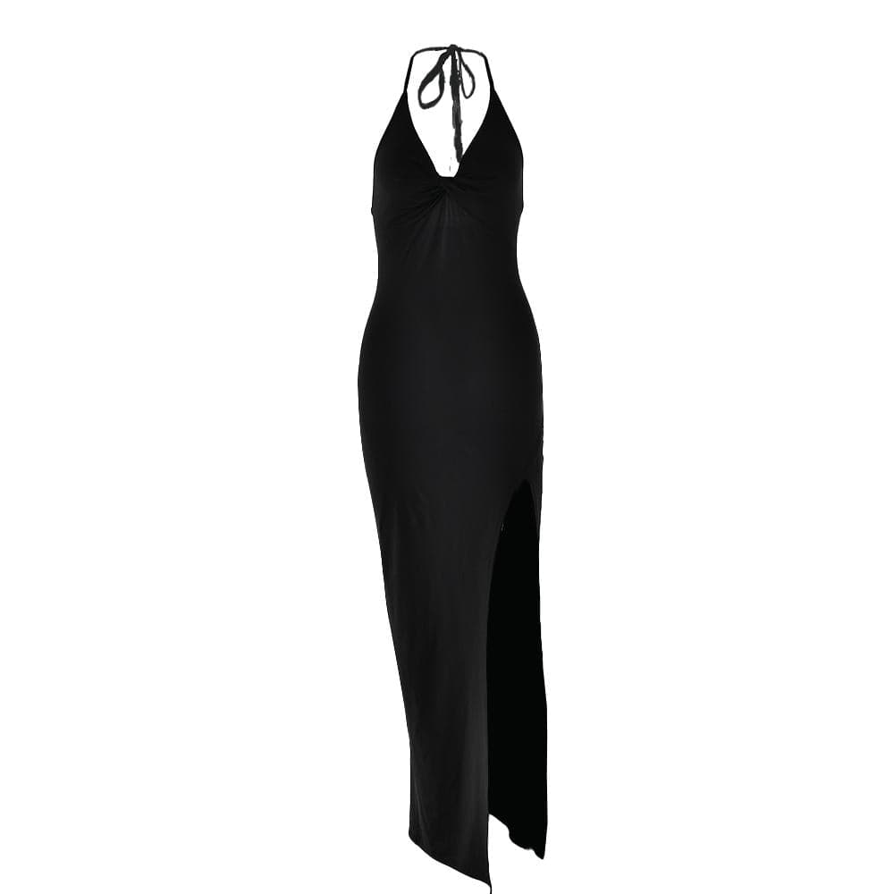 Halter v neck ruched slit backless midi dress  | Festival Outfits Women