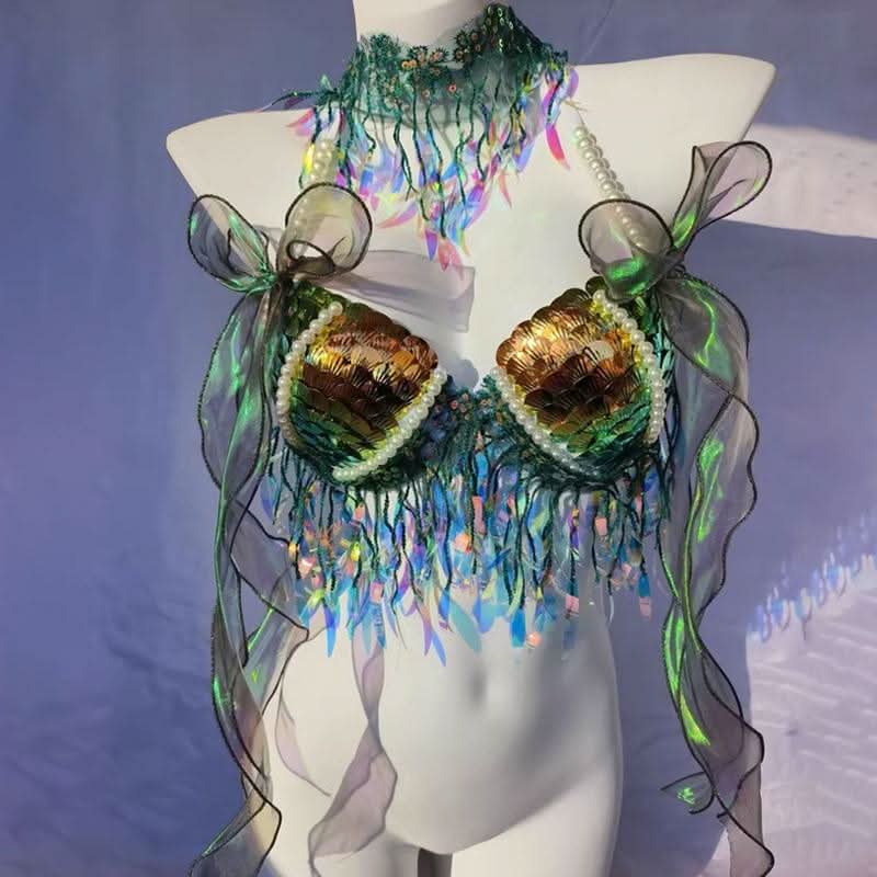 Bowknot beaded v neck tassels shell applique top  | Festival Outfits Women-final-sale