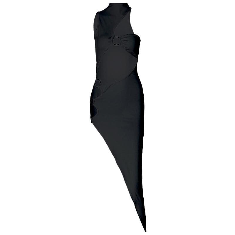 One shoulder high neck o ring irregular midi dress  | Festival Outfits Women