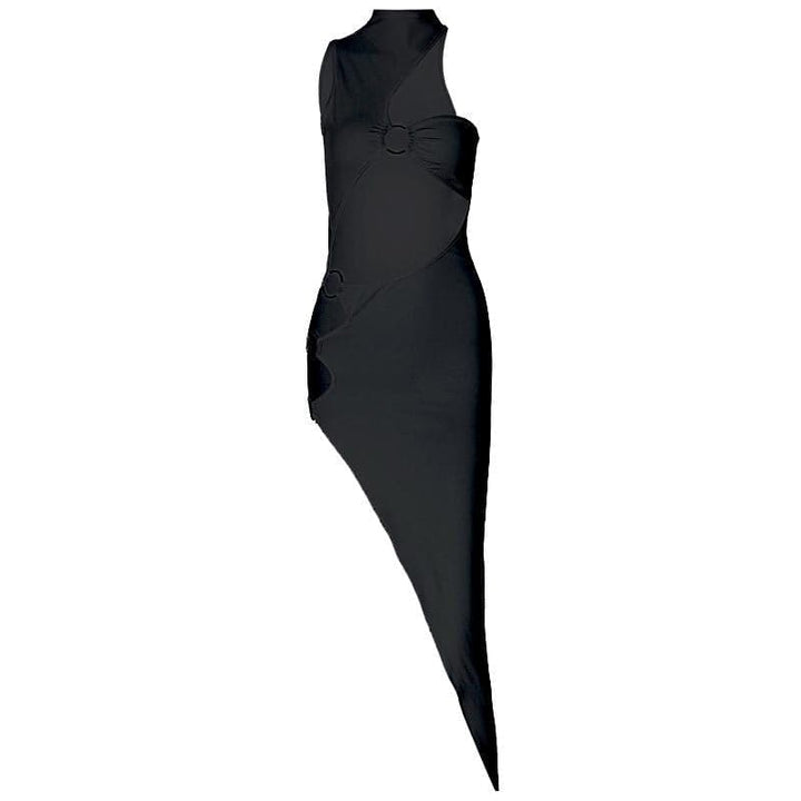 One shoulder high neck o ring irregular midi dress  | Festival Outfits Women