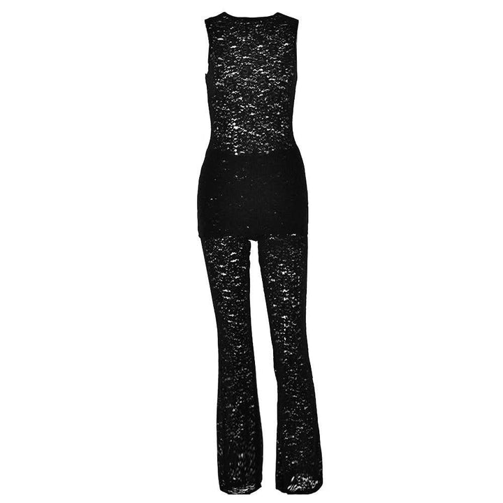 Crewneck lace sleeveless solid medium rise pant set  | Festival Outfits Women