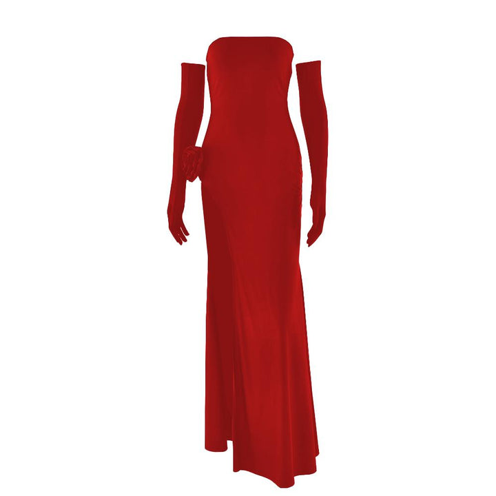 Off shoulder gloves flower applique high slit tube maxi dress  | Festival Outfits Women