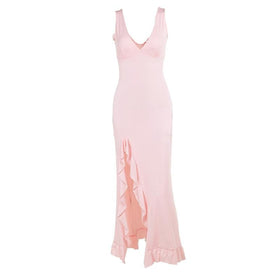 Deep v neck ruffle slit ruched cami maxi dress  | Festival Outfits Women