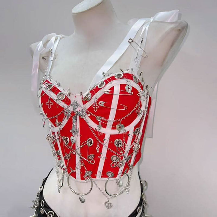 Ribbon self tie v neck hollow out metal chain o ring cut out top  | Festival Outfits Women