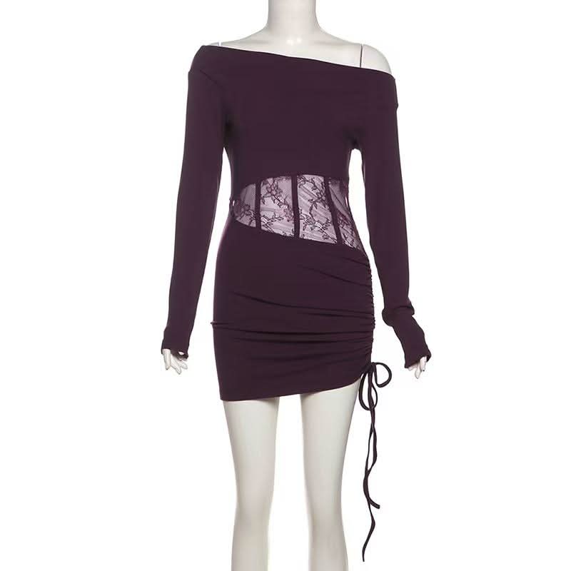 Long sleeve off shoulder ruched drawstring lace mini dress  | Festival Outfits Women