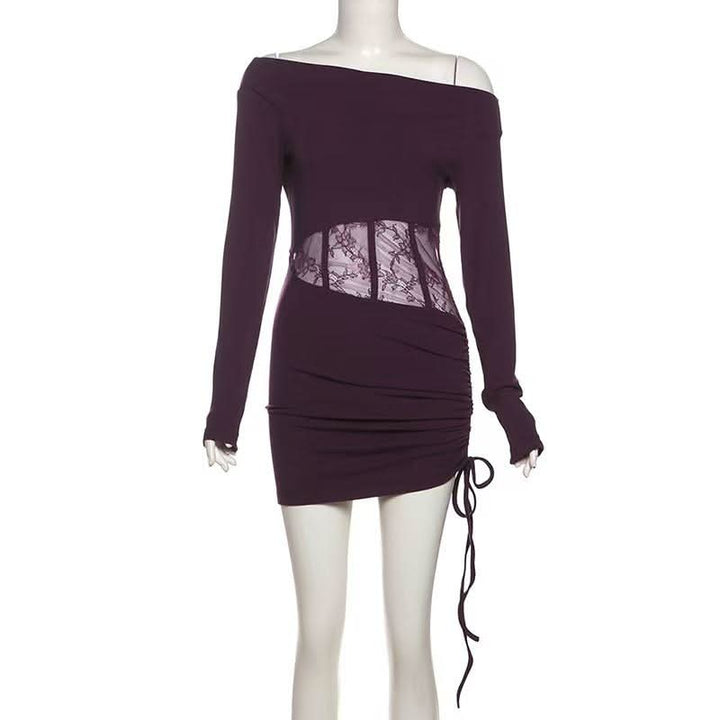 Long sleeve off shoulder ruched drawstring lace mini dress  | Festival Outfits Women