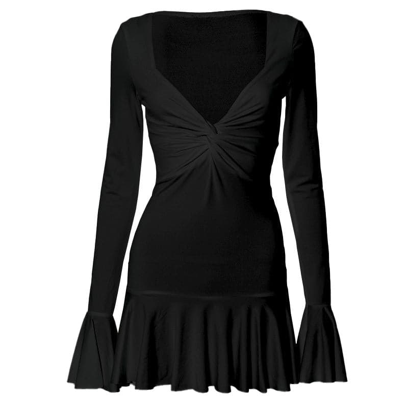 Long flared sleeve ruched v neck solid mini dress  | Festival Outfits Women