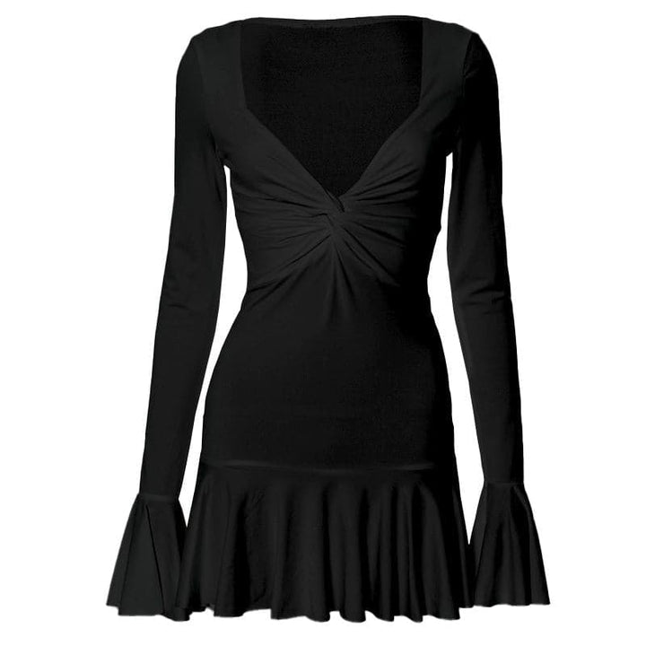 Long flared sleeve ruched v neck solid mini dress  | Festival Outfits Women