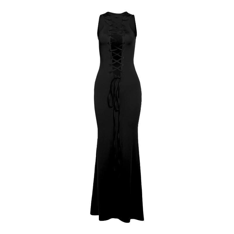 Deep v neck lace up solid tank maxi dress-final-sale  | Festival Outfits Women