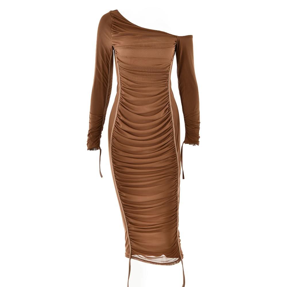 Long sleeve one shoulder ruched stitch mesh midi dress-final-sale  | Festival Outfits Women