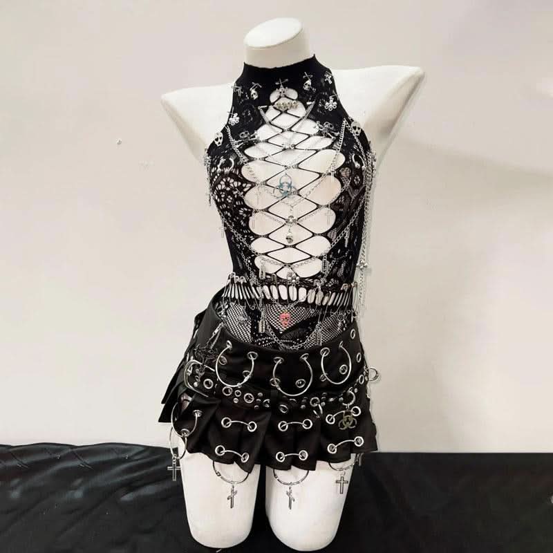 Hollow out metal chain crewneck lace cut out top  | Festival Outfits Women