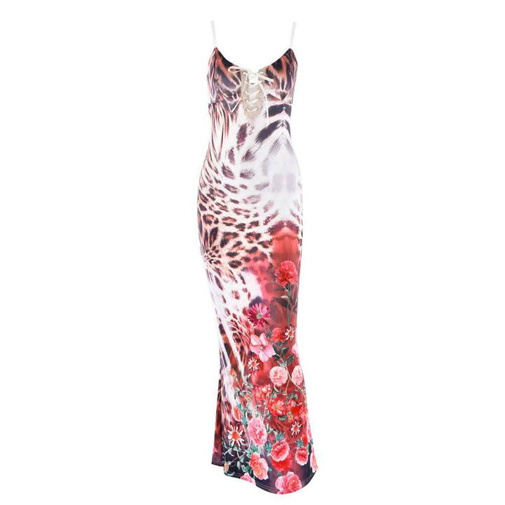 V neck self tie leopard print backless cami maxi dress  | Festival Outfits Women