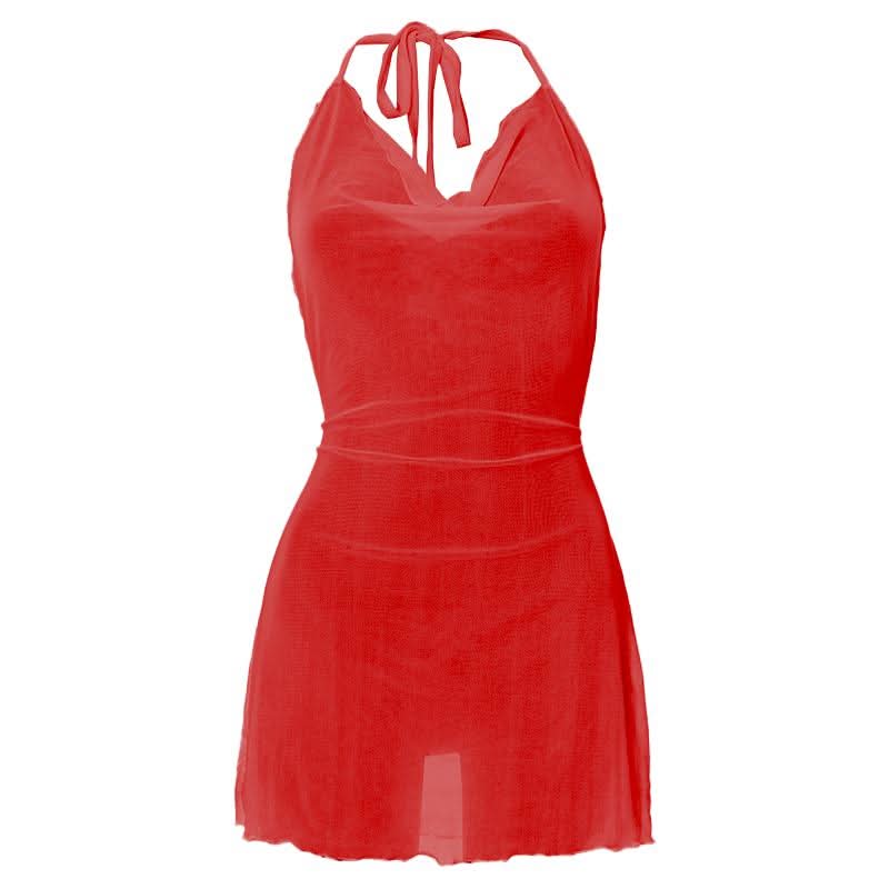Halter cowl neck sheer mesh ruffle mini dress-final-sale
