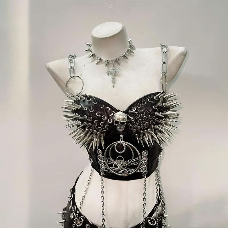 Skull o ring rivet PU leather metal chain cami top  | Festival Outfits Women