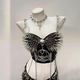 Skull o ring rivet PU leather metal chain cami top  | Festival Outfits Women