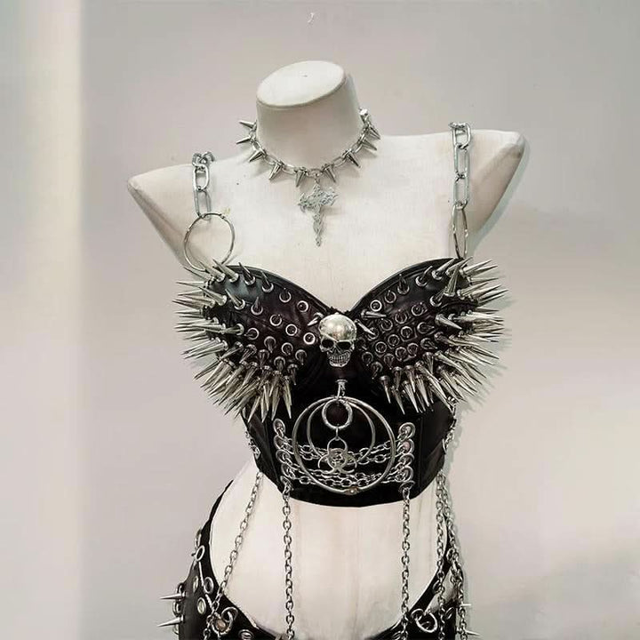 Skull o ring rivet PU leather metal chain cami top  | Festival Outfits Women