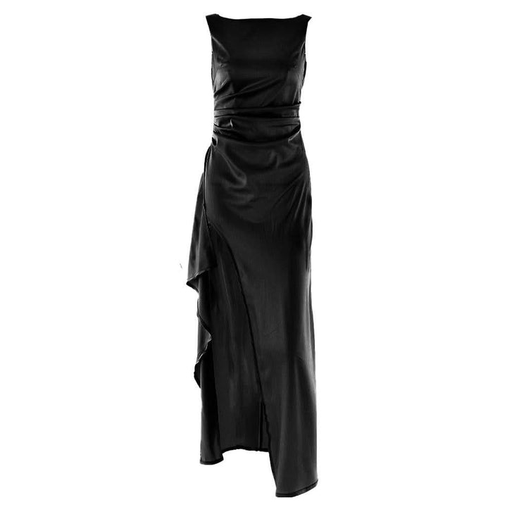 Ruched high slit satin round neck backless maxi dress  | Festival Outfits Women