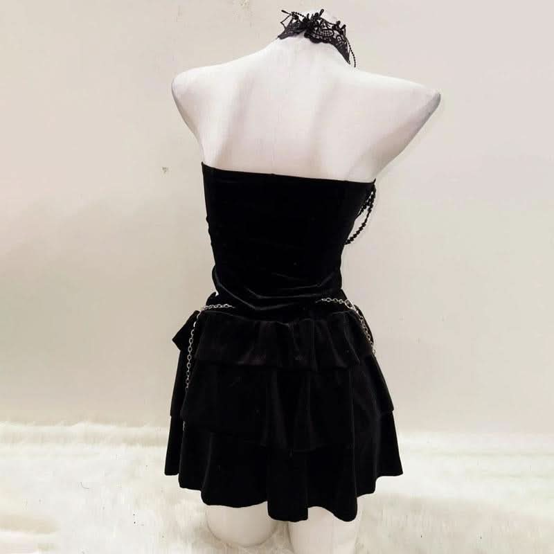 Lace hem halter u neck cross applique shrug mini skirt set  | Festival Outfits Women