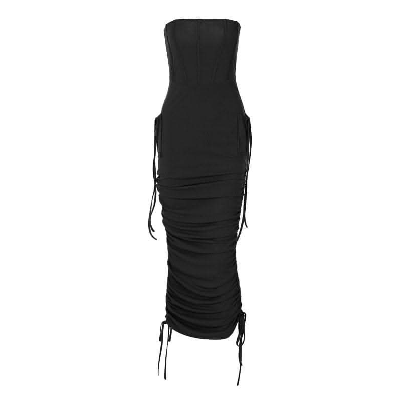 Ruched backless solid drawstring tube midi dress-final-sale  | Festival Outfits Women