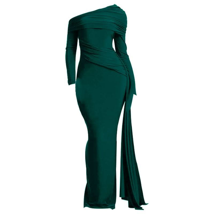 One shoulder long sleeve ruched slit maxi dress  | Festival Outfits Women