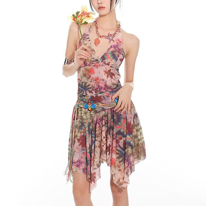 Halter self tie ruched print mesh v neck mini dress  | Festival Outfits Women